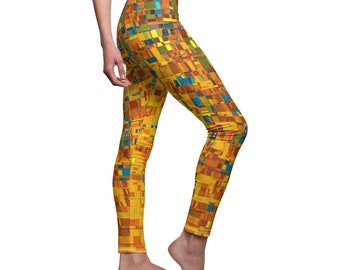 Women's Casual Leggings, Abstract Klimt Yellow Athletic Sportswear, Fun Colorful Girls Leggings, Trendy Workout Legging, Original Artwork