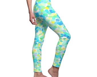 Women's Casual Leggings, Turquoise Green Dots Athletic Sportswear, Fun Colorful Girls Leggings, Trendy Workout Legging, Original Artwork