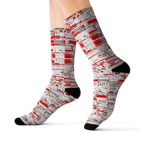 Trendy Patterned Socks, Red Geometric Fun Colorful Socks Fathers Day Gift Original Abstract Artwork Sublimation Socks