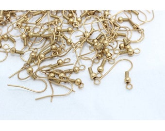 100 pcs  Brass- raw  hook ear wires, earring hooks, fish hook earring wires, french hook earrings  SHIPS FROM USA