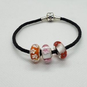 Authentic NEW SET of 3 New Pandora charms Cherry Pink Blossom Orange Tropical and Wild Flower Tribute Murano Charm Hot Glass Limited Vintage