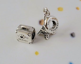 Set Of 2 New Eifel Tower  & I Love To Travel Suitcase Charms for Pandora Bracelet Limited  Travel