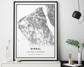 Wirral Karte drucken | Minimalistisches Wandkunst Poster | Stadtkarten Skandinavisches Kunstwerk | Vereinigtes Königreich Geschenke | Kunstwerk Design | M476