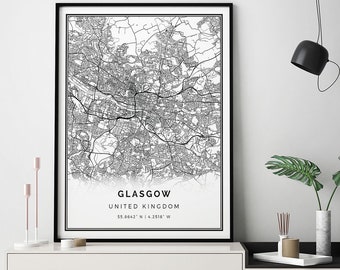 Stampa della mappa di Glasgow / poster d'arte da parete minimalista / mappe della città opere d'arte scandinave / regali del Regno Unito / stampe d'arte / M467