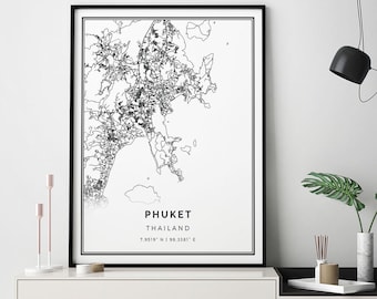 Phuket Map Print: Minimalist Black and White Thailand Wall Art