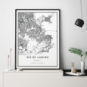 Impresión de mapas de Río de Janeiro / Cartel minimalista de arte mural / Mapas de la ciudad Obras de arte escandinavas / Regalos de Brasil / Mapa de obras de arte / M724