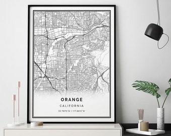 Orange Kartendruck | Minimalistisches Wandkunst Poster | Stadtkarten Skandinavisches Kunstwerk | Kalifornien Geschenke | Wandkunst Für Büro | M188