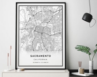 Sacramento Karte Druck | Minimalistisches Wandkunst Poster | Stadtkarten Skandinavisches Kunstwerk | Kalifornien Geschenke | Poster Groß | M35