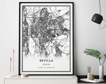 Sevilla Map Print: Minimalist Black and White Scandinavian Art
