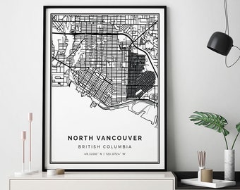 North Vancouver map print | Wall art poster | City maps Scandinavian Artwork | British Columbia gifts | Map Gifts For Her | M372