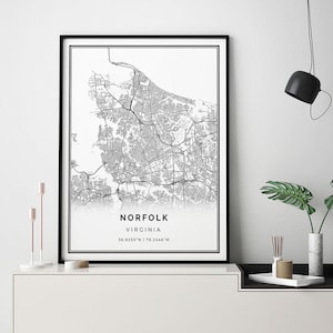 Norfolk map print | Minimalistic wall art poster | City maps Scandinavian Artwork | Virginia gifts | Art For Walls | M88