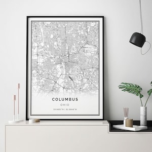 May include: A black and white map print of Columbus, Ohio, framed in a black frame and hanging on a white wall above a white console table with a black top. The console table has a black metal frame and is decorated with a vase of green plants, a stack of books, and a set of candles.