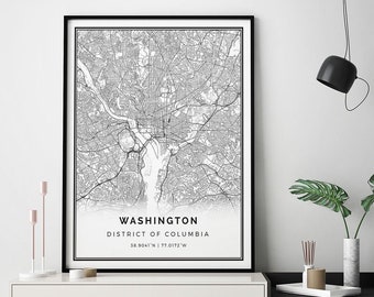 Washington Karte Druck | Minimalistisches Wandkunst Poster | Stadtkarten Skandinavisches Kunstwerk | Distrikt von Columbia Geschenke | Poster Art Deco | M21