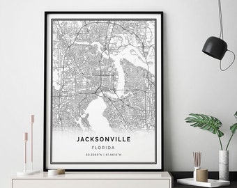 Impression de carte de Jacksonville | Affiche d'art mural minimaliste | Cartes de la ville Oeuvre scandinave | Cadeaux Floride | Photos de la carte | M12