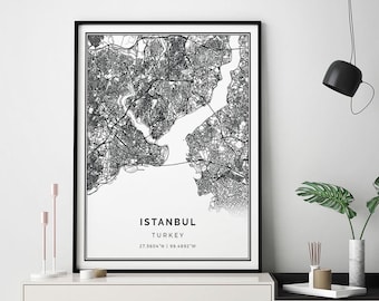 Istanbul kaart afdrukken | Minimalistische muurposter | Stadsplattegronden Scandinavisch kunstwerk | Turkije geschenken | Posterdecoratie | M514