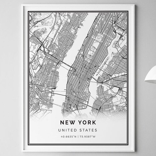 New York City Map Print Full Color Map Poster Etsy