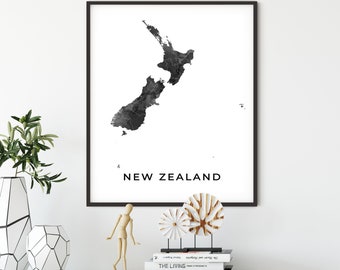 New Zealand map art poster, black and white wall art print of New Zealand, gift idea, black art, black art, OM237