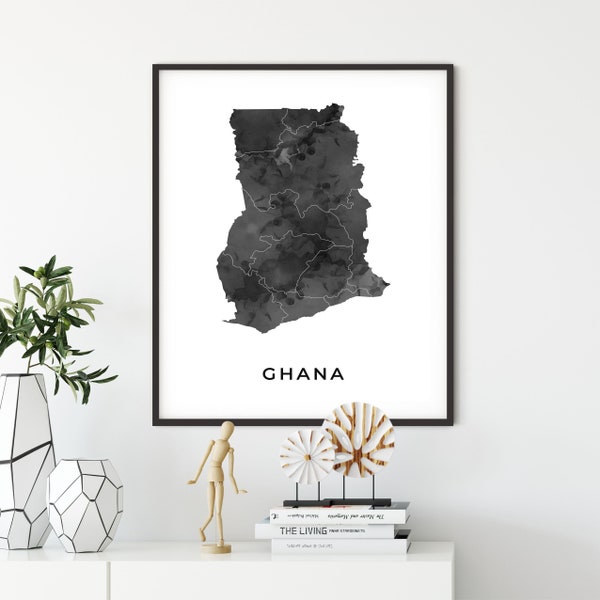 Ghana kaart art poster, zwart-wit muur kunst print van Ghana, cadeau idee, wanddecoratie, cadeau voor keuken, OM154