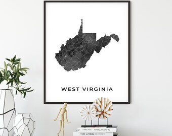 West Virginia map art poster, black and white wall art print of West Virginia, gift idea, gift for papa, map painting, OM55