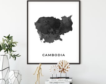 Cambodia map art poster, black and white wall art print of Cambodia, gift idea, living room decor, country map art, OM204