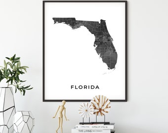 Florida map art poster, black and white wall art print of Florida, gift idea, gift for a woman, travel map, OM16