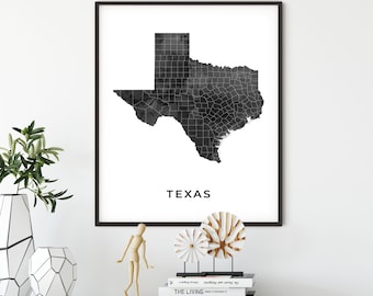 Texas Map Art Print: Black and White Wall Decor