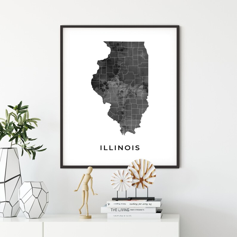 Illinois map art poster black and white wall art print of | Etsy