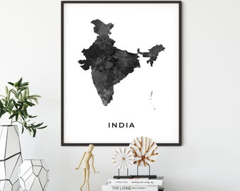 India map art poster, black and white wall art print of India, gift idea, office pictures, colorful map, OM208