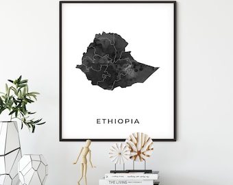 Ethiopia map art poster, black and white wall art print of Ethiopia, gift idea, map art print, gift for librarian, OM151