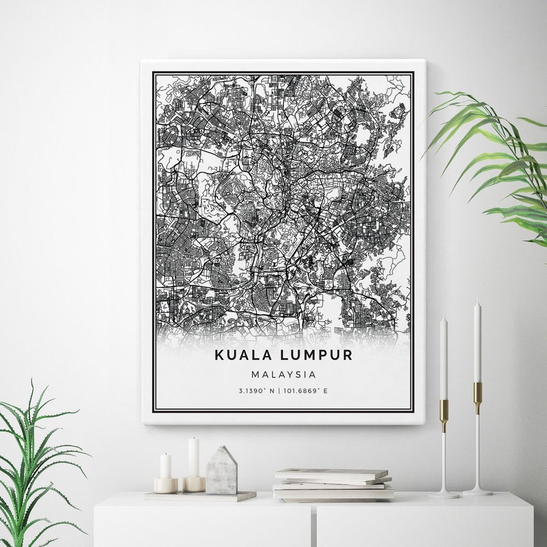 canvas wall art Kuala Lumpur Map Canvas Print Malaysia Gift Minimalistic Artwork canvas print City Maps Wall Art M675