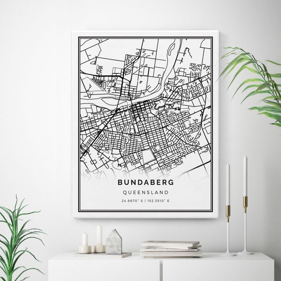 Bundaberg Map Canvas Print City Maps Wall Art Queensland Etsy