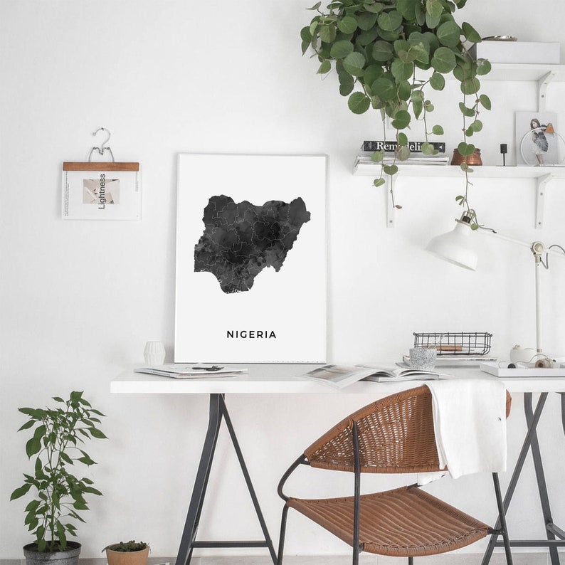 Nigeria Map Art Poster Black and White Wall Art Print of Etsy