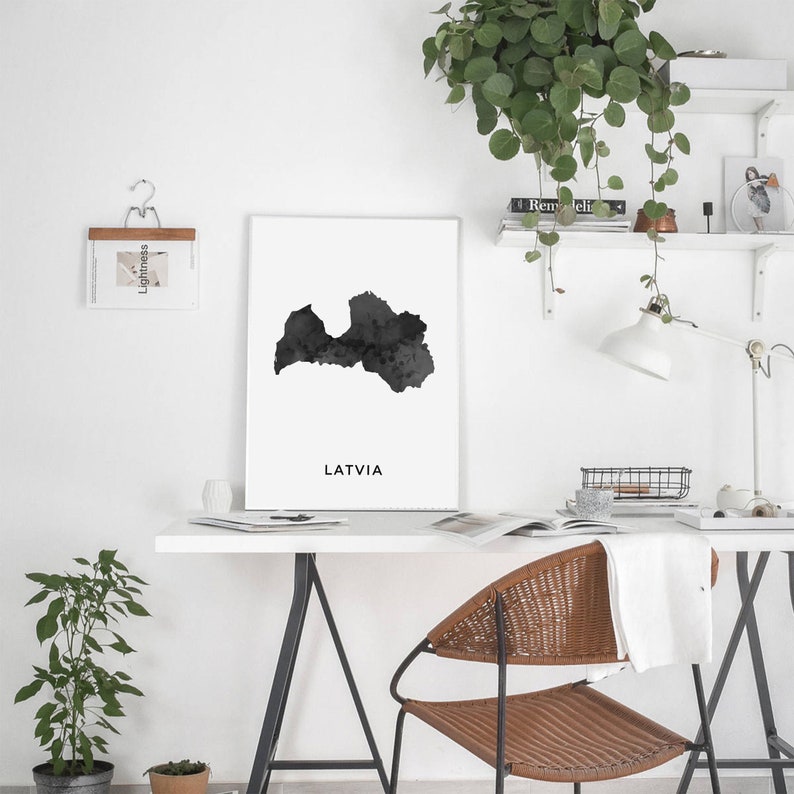 black and white wall art print of Latvia Latvia map art poster OM84 map art gift engagement gift idea