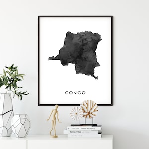 Congo map art poster, black and white wall art print of Congo, gift idea, watercolour map, gift for nephew, OM146