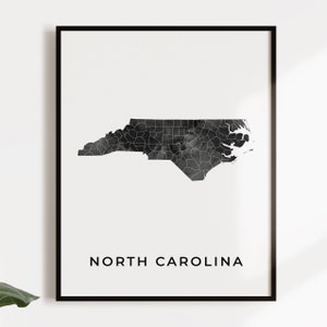 North Carolina Map Art Poster, Black and White Wall Art Print of North ...