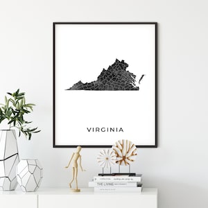 Virginia map art poster, black and white wall art print of Virginia, gift idea, gift for older woman, map painting, OM53