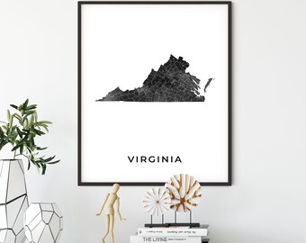 Virginia map art poster, black and white wall art print of Virginia, gift idea, gift for older woman, map painting, OM53