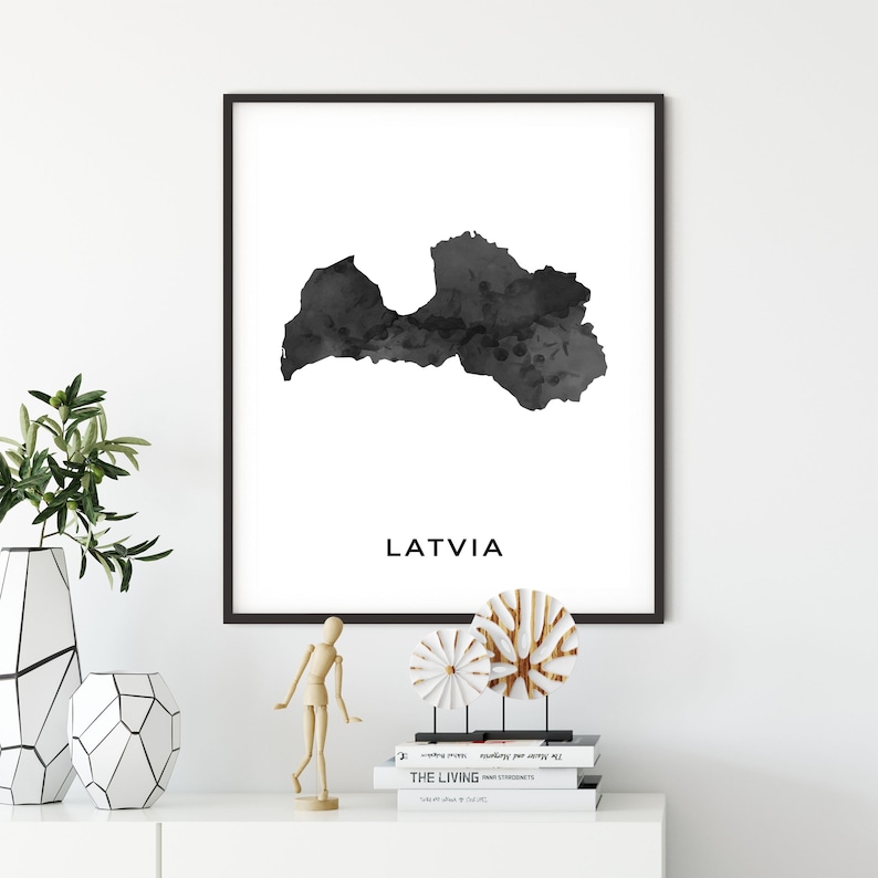 black and white wall art print of Latvia Latvia map art poster OM84 map art gift engagement gift idea