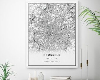 Brussel Kaart Canvas Print, City Maps Wall Art, België Gift Minimalistisch Kunstwerk, minimalistische print, Scandinavische kunst | M536