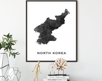 North Korea map art poster, black and white wall art print of North Korea, gift idea, black art, black map print, OM220