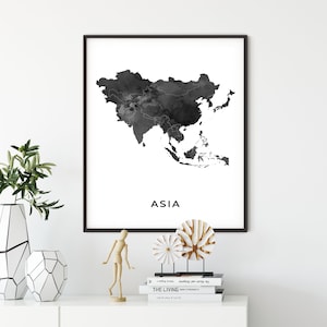 Asia map art poster, black and white wall art print of Asia, gift idea, office wall art, black and white map, OM2