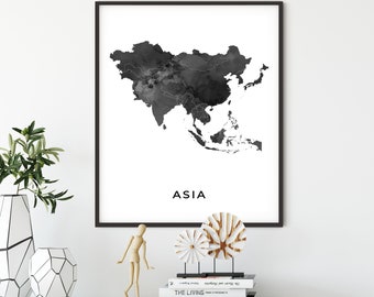 Asia map art poster, black and white wall art print of Asia, gift idea, office wall art, black and white map, OM2