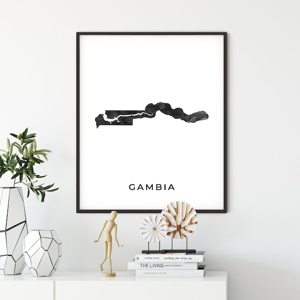 Gambia Karte Kunst Poster, schwarz weißer Kunstdruck von Gambia, Geschenkidee, Geschenk für Jus Studenten, OM153