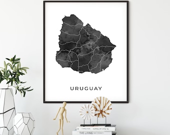 Uruguay kaart art poster, zwart-witte muur kunst print van Uruguay, cadeau idee, kaart artwork, cadeau voor koningin, OM133