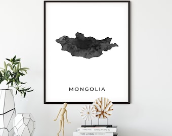 Mongolia map art poster, black and white wall art print of Mongolia, gift idea, map painting, black print, OM217