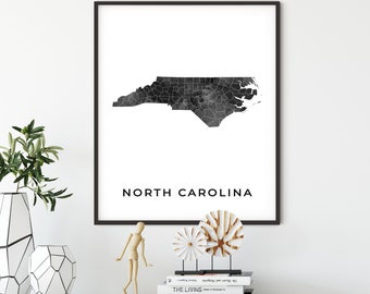 North Carolina map art poster, black and white wall art print of North Carolina, gift idea, gift for kitchen, map print, OM40