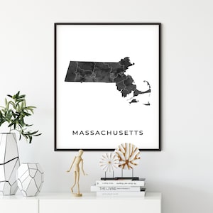 Massachusetts Map Art Print: Black and White Wall Decor