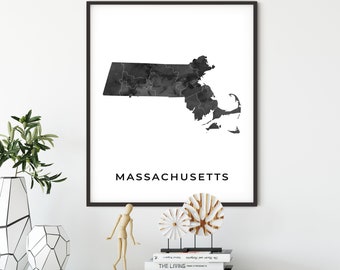 Massachusetts map art poster, black and white wall art print of Massachusetts, gift idea, gift for employee, office pictures, OM28