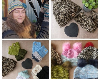 Ladies bobble hat set. Hat and gloves set. fingerless gloves, wrist warmers. Winter woolly. Beanie hat. Knitted items. Gift ideas