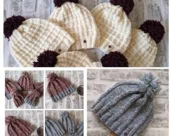 Kids winter bobble hats. Woolly knitted beanie. Children's hats baby gifts, newborn clothing.